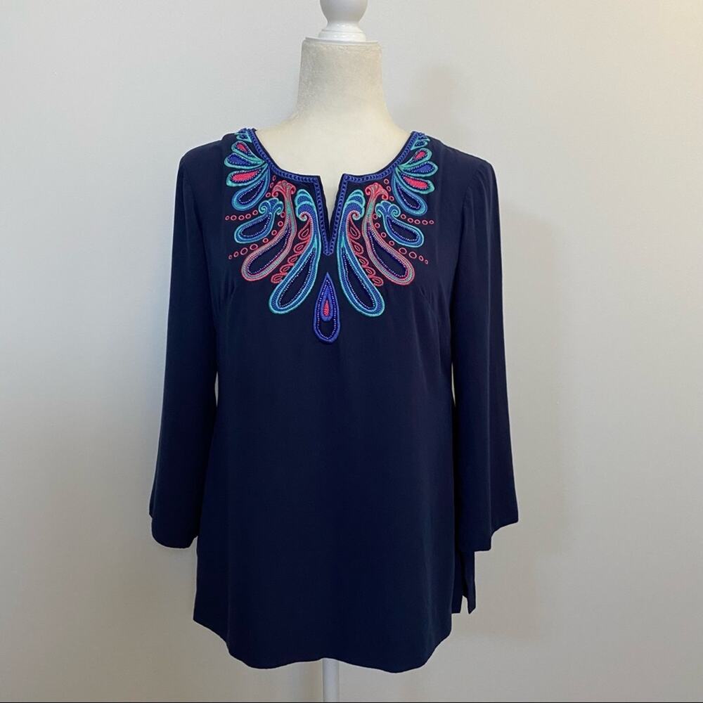 Lilly Pulitzer Navy Beaded Embroidered Tunic Top